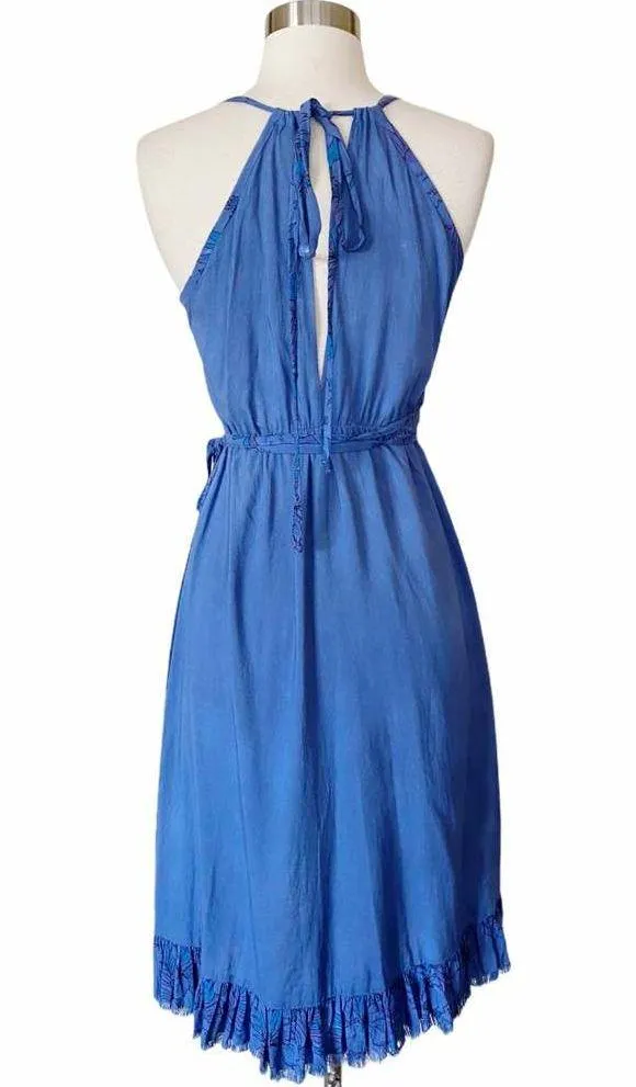 Resort Midi Wrap Dress by T. ZOVICH Cobalt Blue Sleeveless Tan Raw Hem Small - Image 2