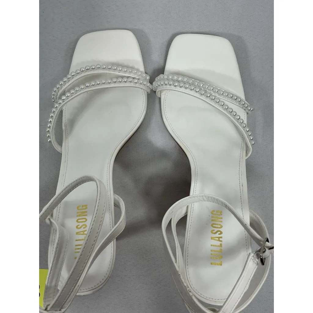 Womans Excellent Condition Lullasong Strappy Stiletto Sandals White 11 Pearls - Image 6