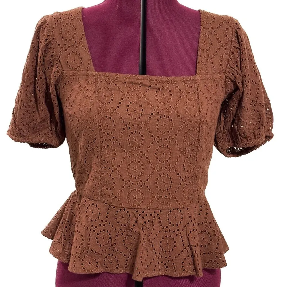 BAND OF THE FREE Palmer Eyelet Lace Walnut Brown Boho Peplum Top NWT Large - Image 2