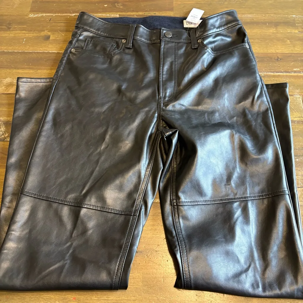 GAP Black Cheeky High Rise Straight Leg Pants 30 10 Large Faux Vegan Leather - Image 6