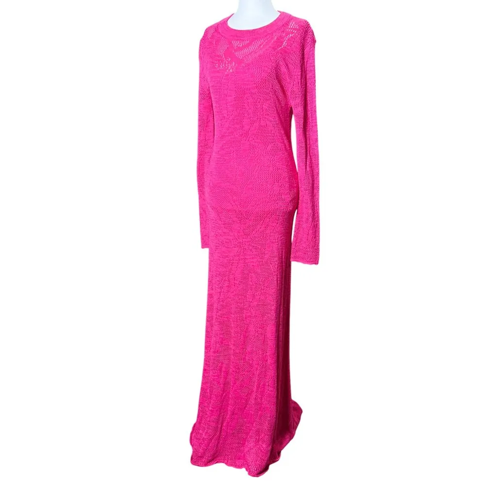 NEW New Day Sz M Long Sleeve Maxi Crochet Pink Dress Womens Knit Crew Neck Beach - Image 4
