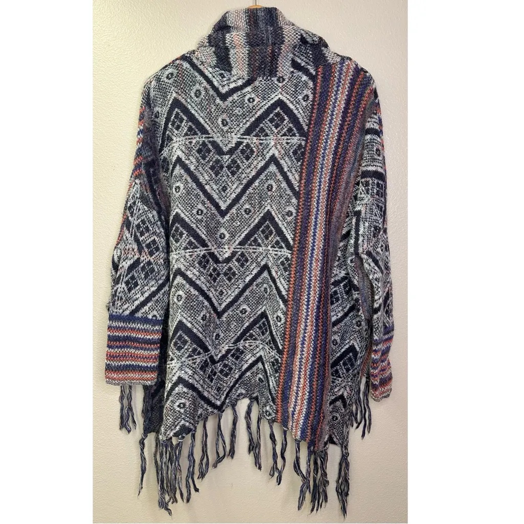 Free People Be The One Multicolor Cowl Neck Fringe Detail Poncho Sweater - Image 5