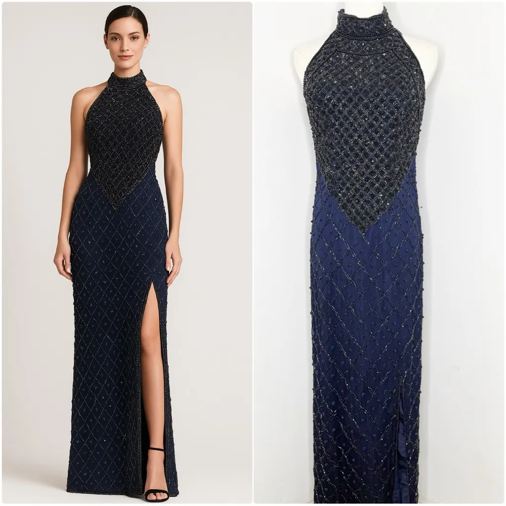 Vintage Lawrence Kazar Beaded Gown Women’s Small Navy Silk Mermaid Vibes - Image 2