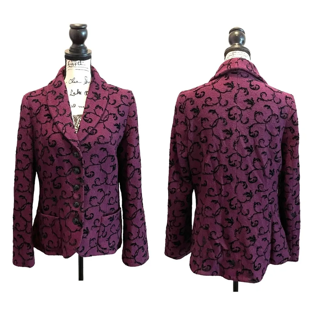 Pendleton Wool Blazer Jacket Boucle Purple Black velvet Size Large Fleur dis Lis - Image 10