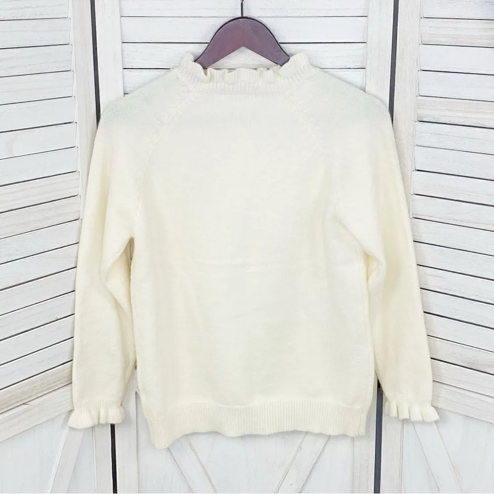 C+D+M Ruffle Trim Half Button Pullover Sweater Ivory Small Coquette Victorian White - Image 8