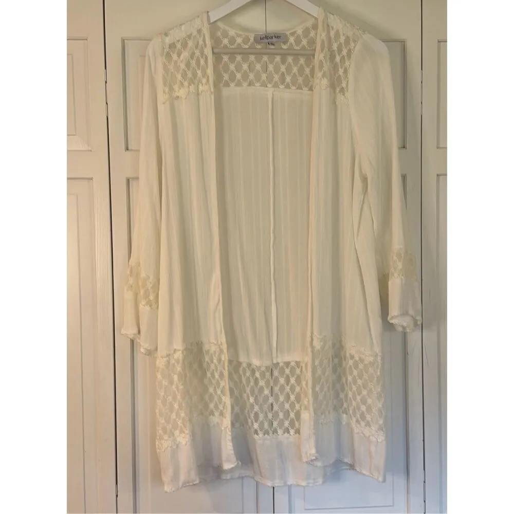 Kell Parker white crochet open coverup robe size small - Image 10