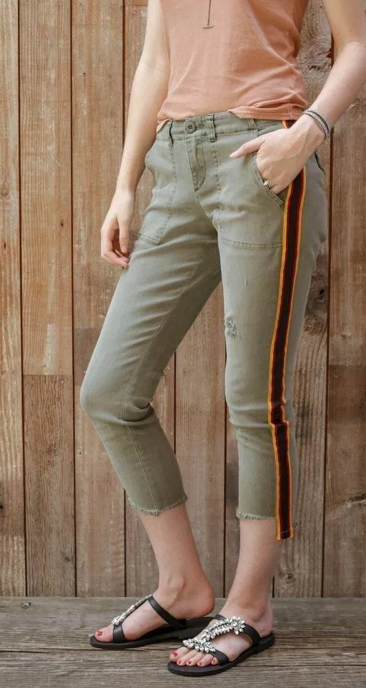 NWOT Pam & Gela Uniform Side Stripe Utility Jeans in Olive Size 26 - Image 2