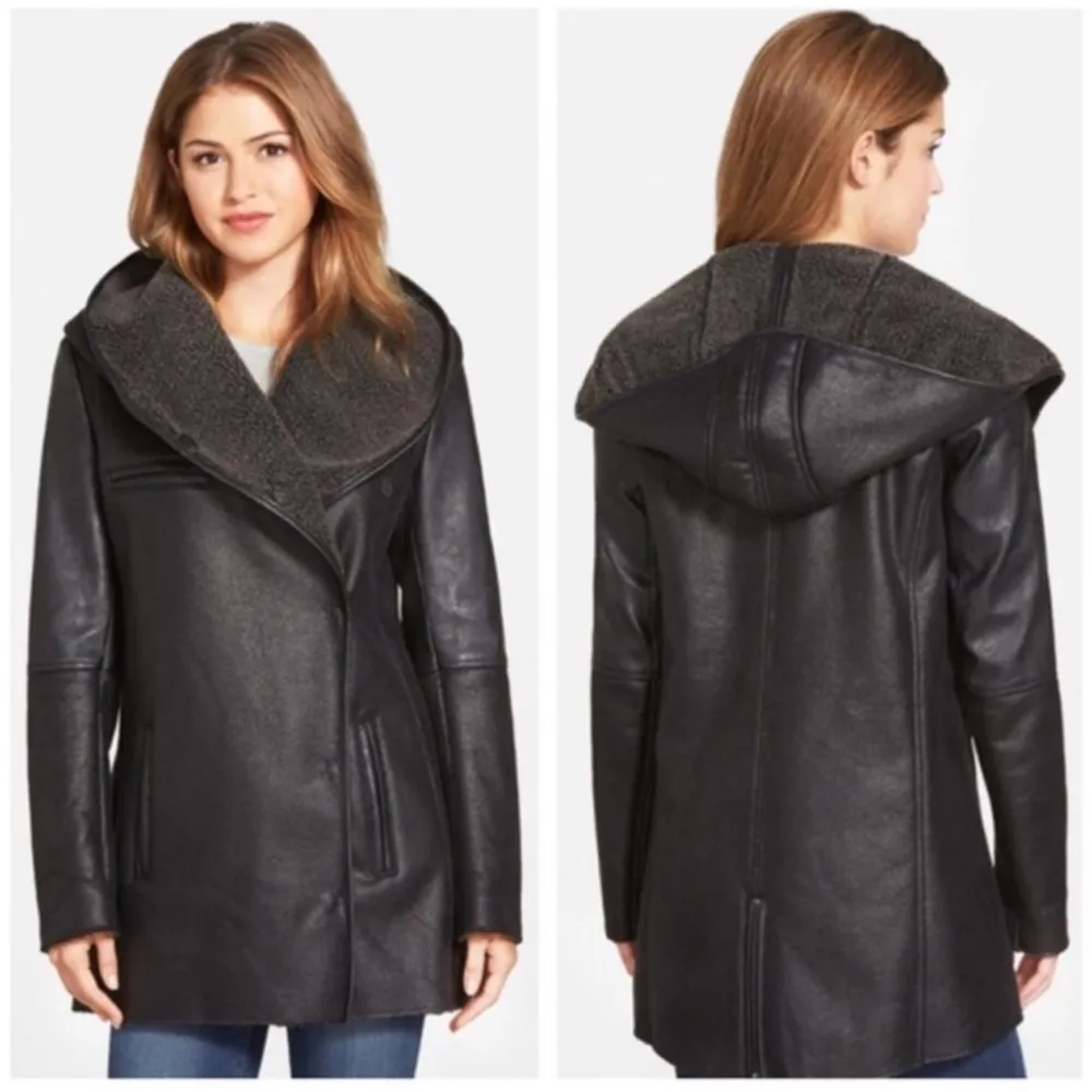 Sam Edelman Hooded Faux Leather Shearling Coat Jacket M - Image 2