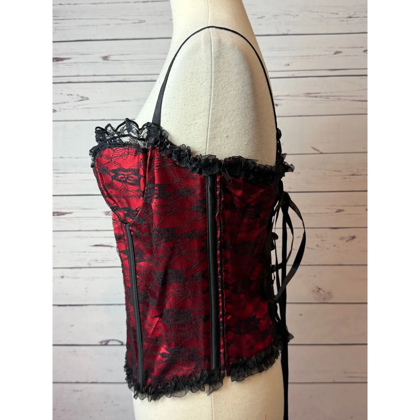 Lace Corset Bustier Lingerie Costume Top XL Valentines Day Red Ruffle Red Black - Image 8
