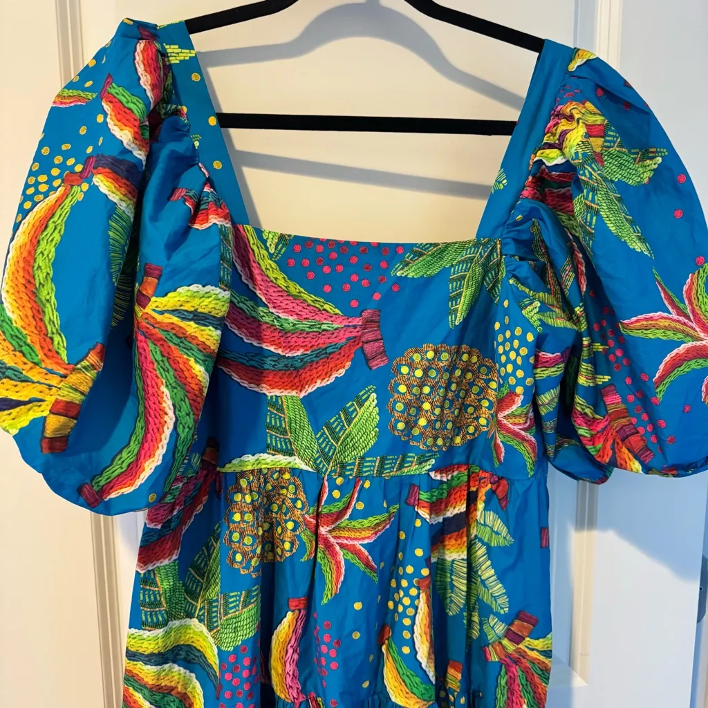 Farm Rio Blue Bananas Tropical Blue Puff Sleeve Midi Dress | M - Image 6
