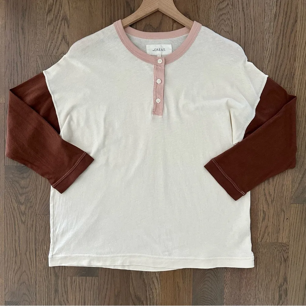 The Great The Shrunken Henley Color Block Cotton Jersey Top Cream, Pink 0 / XS - Image 2