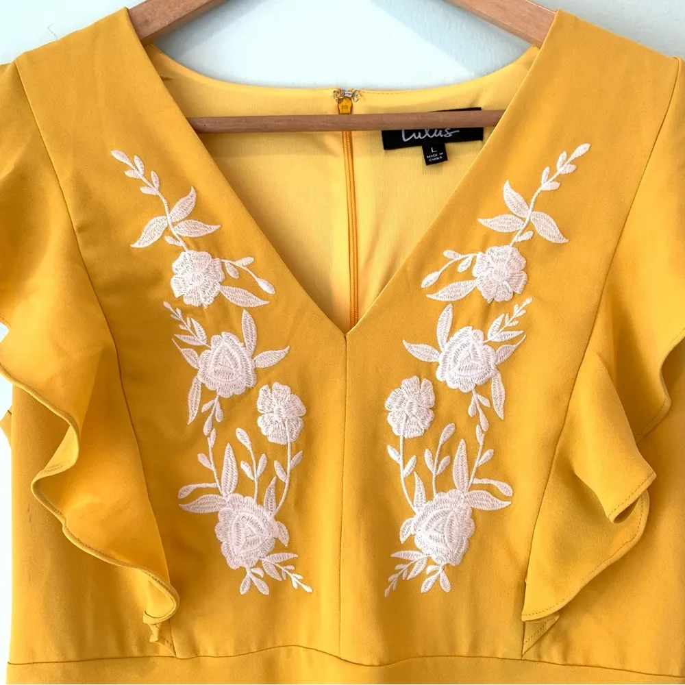 Lulus New Adventure Yellow Gold Embroidered Skater Mini Dress Large L - Image 9