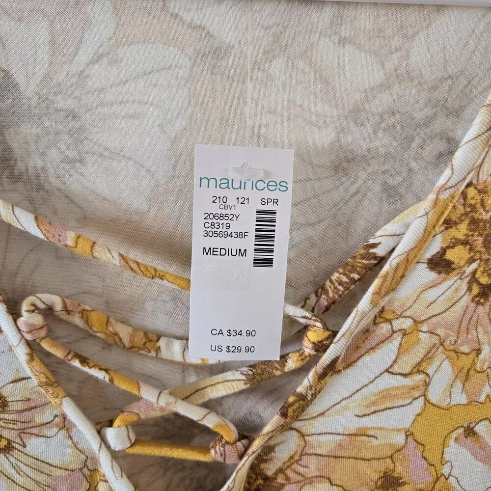NWT Maurices Dress Yellow Floral Womens Medium Spring Midi Dress Buttery Soft - Image 3