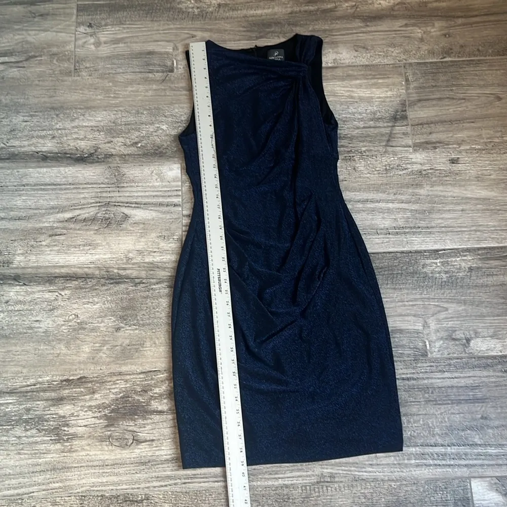 Adrianna Papell Crushed blue METALLIC JERSEY SHEATH Side Ruched DRESS Sz 12 #185 - Image 11