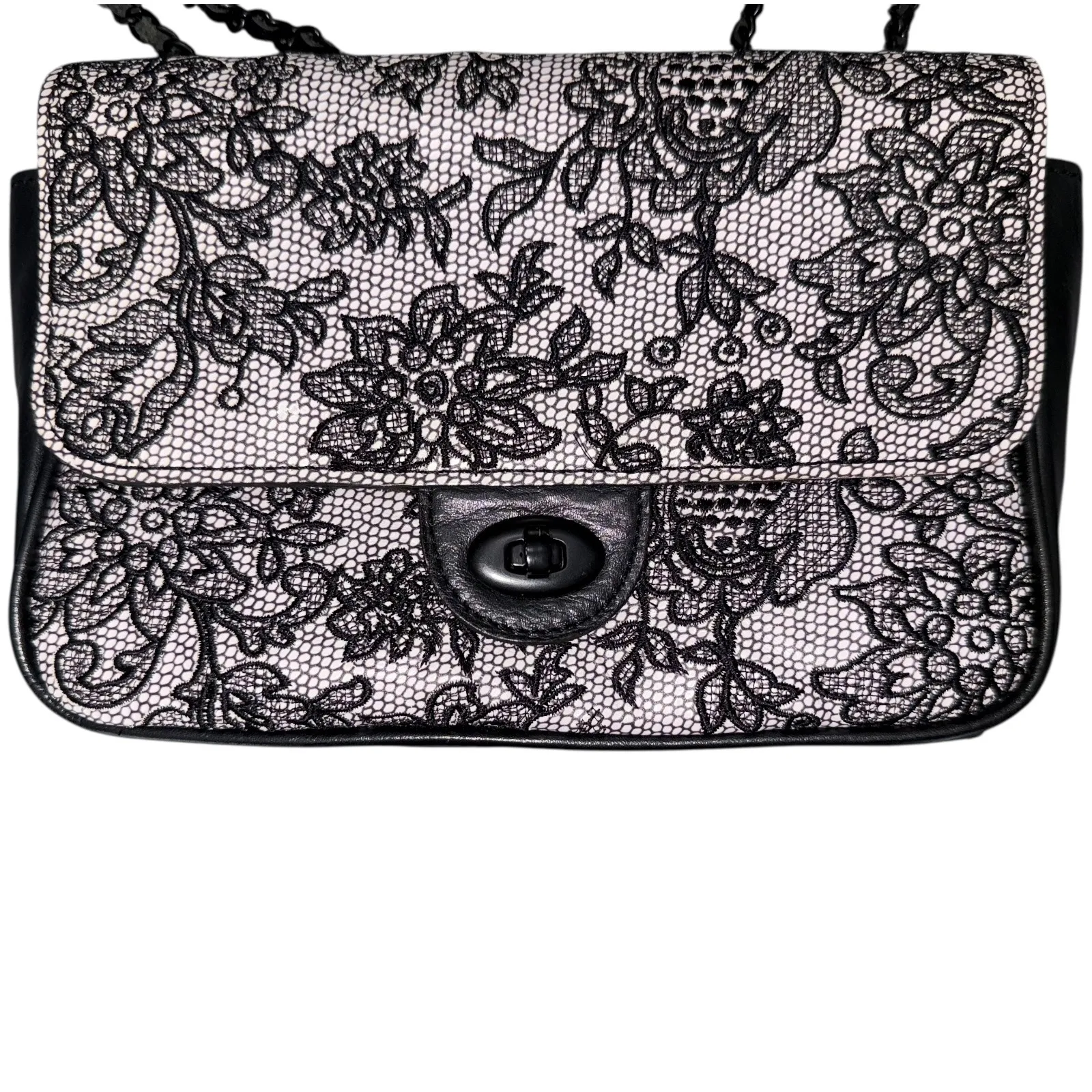 Patricia Nash Chantilly Lace Lorenza‎ Black White Leather Shoulder Bag Chain - Image 3
