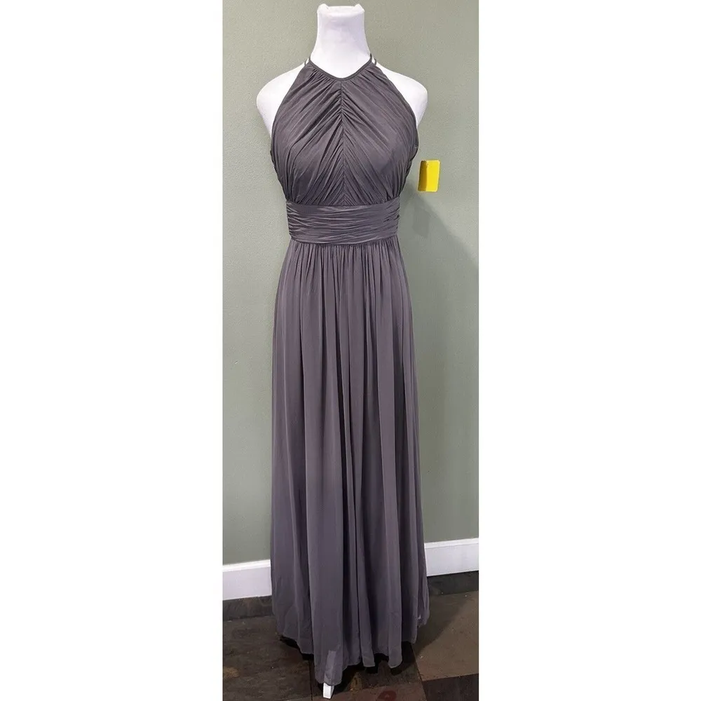 Dessy Collection Dress Sz 4 Halter Maxi Gown Prom Grey Shirred Chiffon Open Back Gray - Image 5