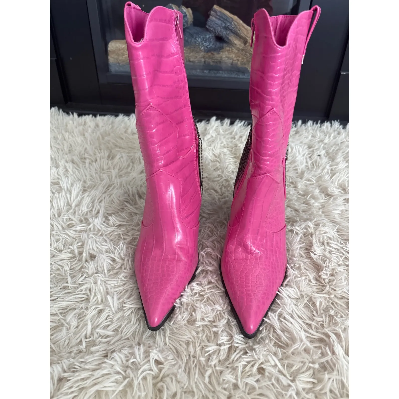Hot Pink Crocodile Embossed Heeled Cowboy Boots Rhinestone Fringe Women 8 NWOT - Image 2