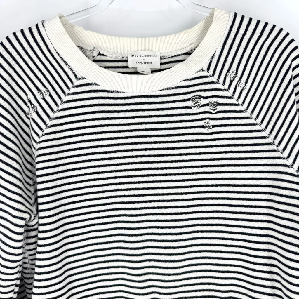 David Lerner Striped Knit Sweatshirt with Distressing Cream Black Size Medium - Image 2