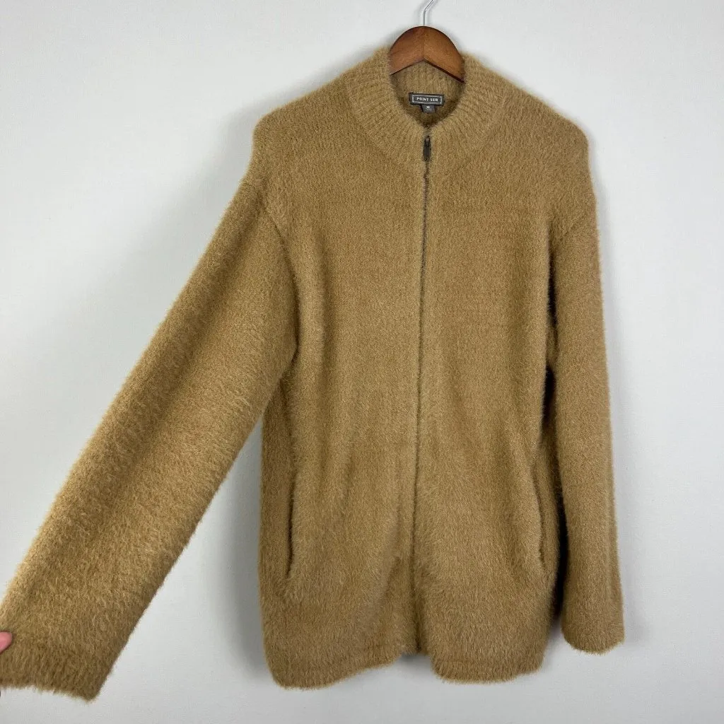 J CREW Point Sur Cardigan Sweater Jacket‎ Womens M Fuzzy Zip Up Oversized Camel Brown Size M - Image 5
