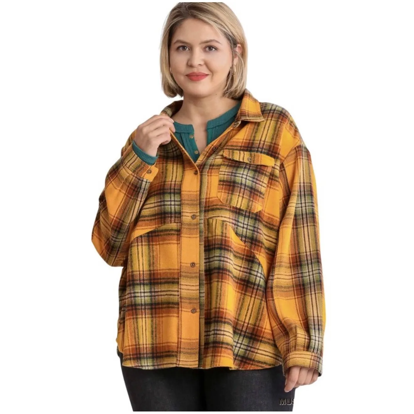 NWT UMGEE USA Plaid Oversized Button Down Shirt Jacket Yellow Rust Blue Womens S - Image 2