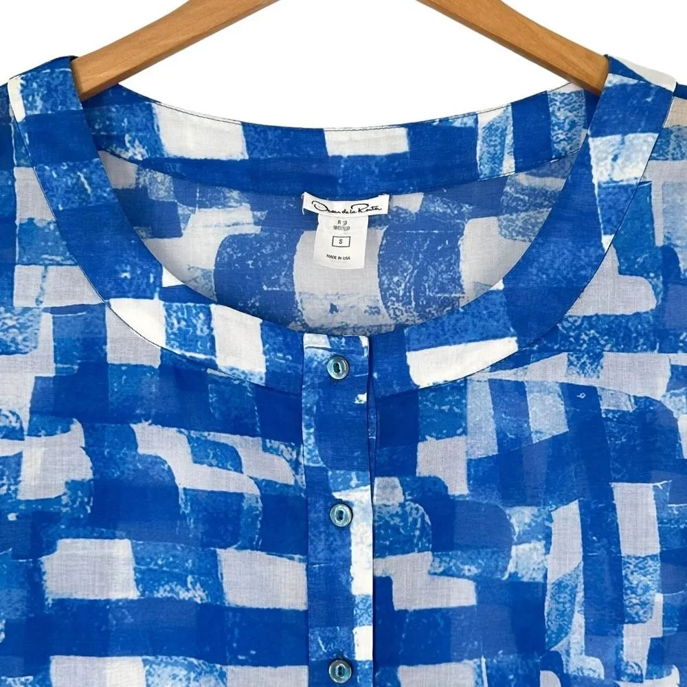 Oscar de la Renta Blue White Block Print Cotton Voile Tunic Top Size S - Image 2