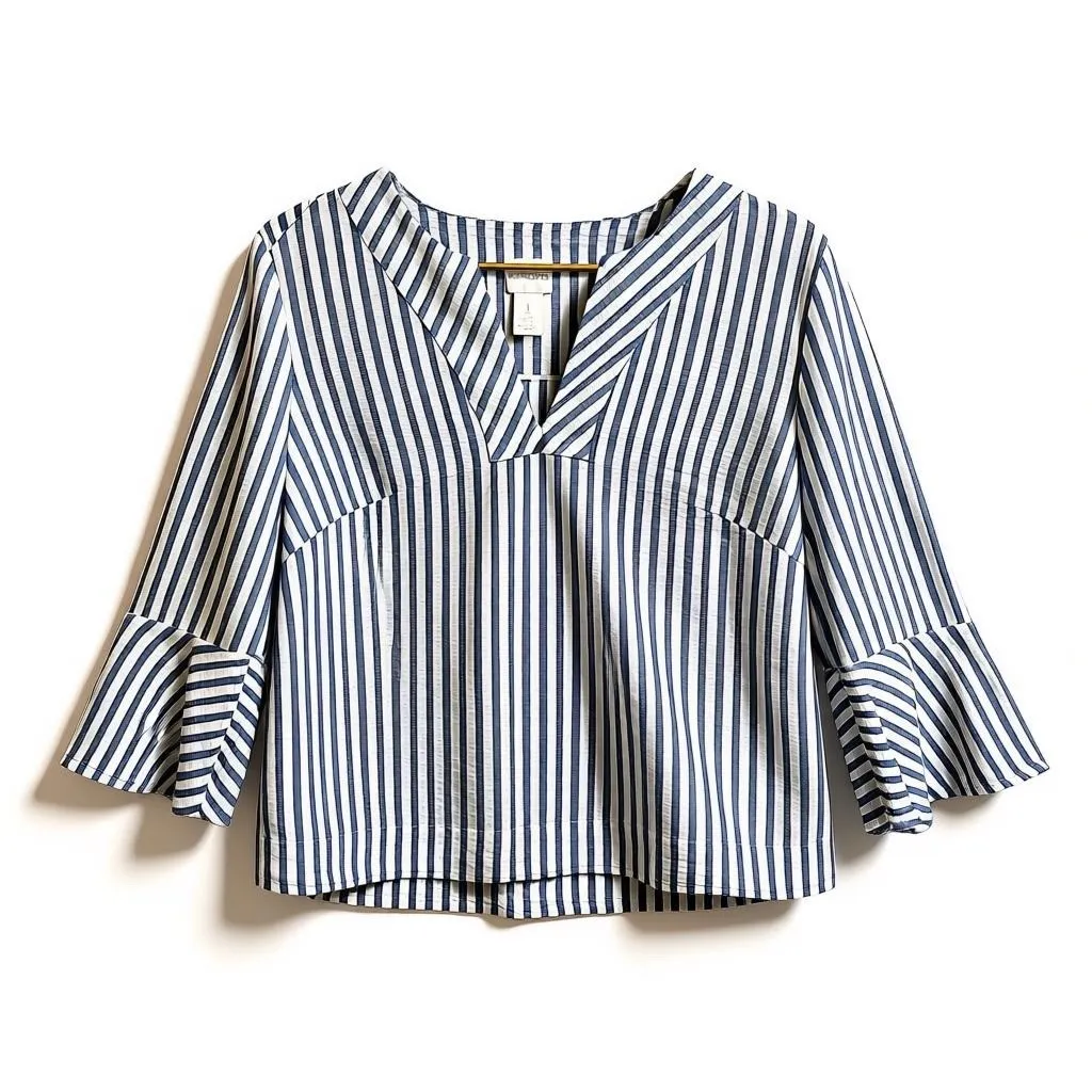 Chicos Blue White Striped Blouse Womens M 8 Bell Sleeve V Neck Boho Top - Image 2