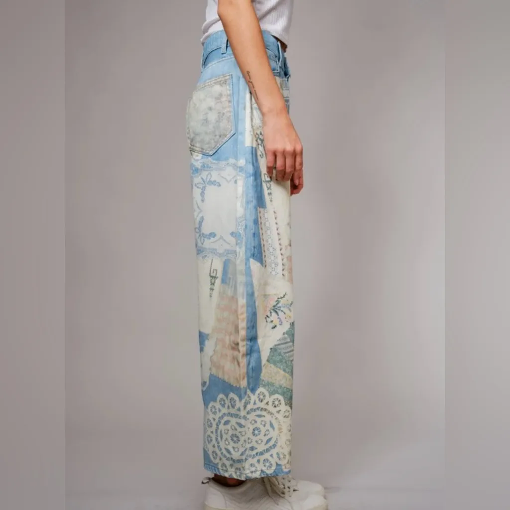 Boutique‎ patchwork Illusions Printed barrel Jeans Size large nwt! Blue - Image 2