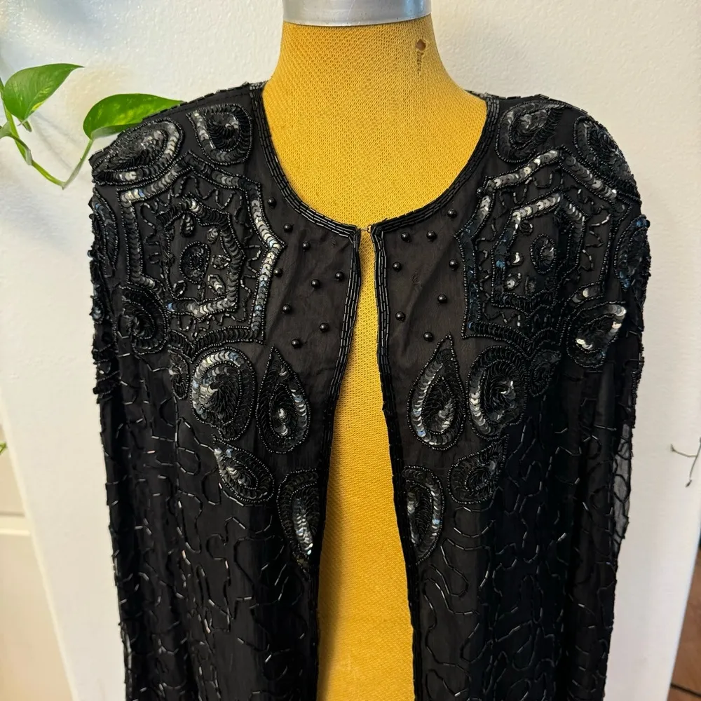JMD New York Black Sequin Beaded Jacket Party Evening Size Large Open Cardigan L - Image 2