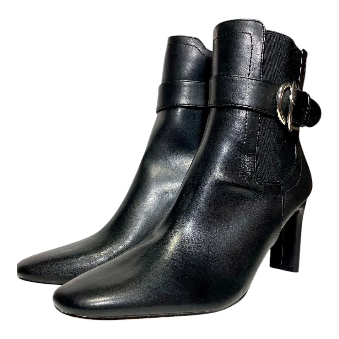NY&C Women’s Size 9 Black Vegan Leather Double Block Heel Boots Silver Buckle - Image 9