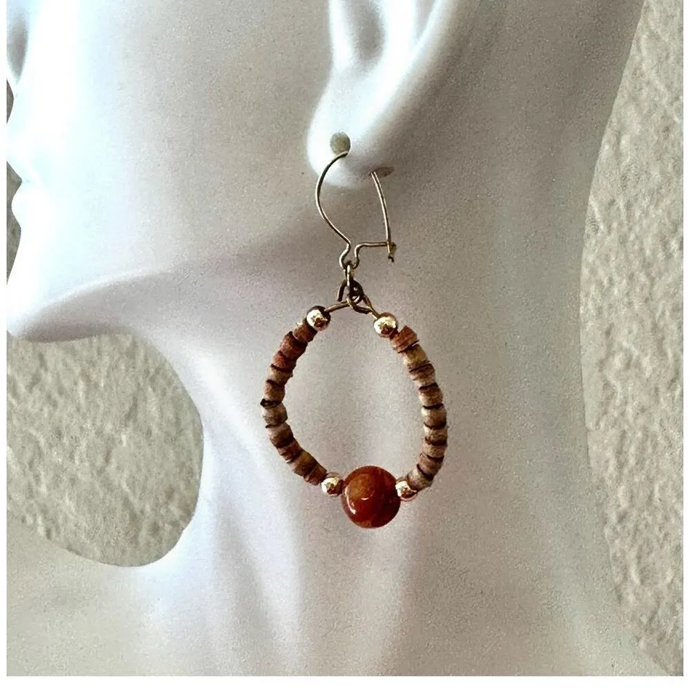 Carnelian and wood beaded drop earrings Orange - Image 2