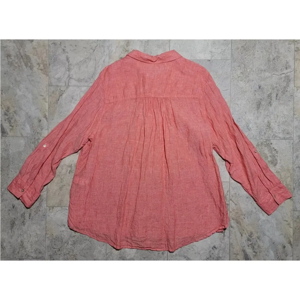 Sigrid Olsen Tunic Top Plus Size 2X Pink Linen Roll Tab Sleeve Button Popover - Image 4