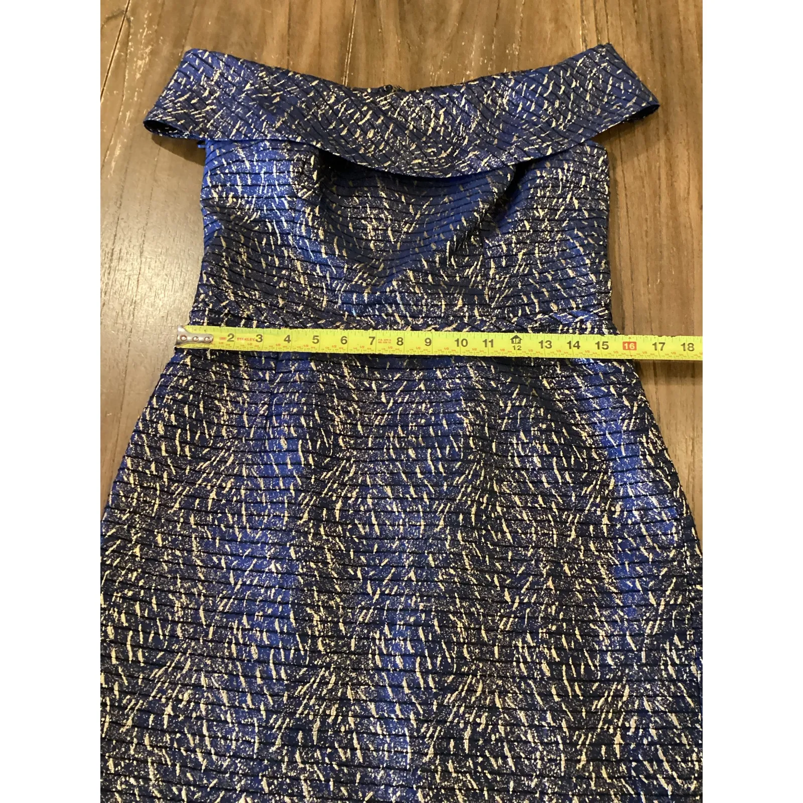 Teri Jon by Rickie Freeman Jaquard Stripe Off the Shoulder Sheath midi Dress 10 Blue - Image 8