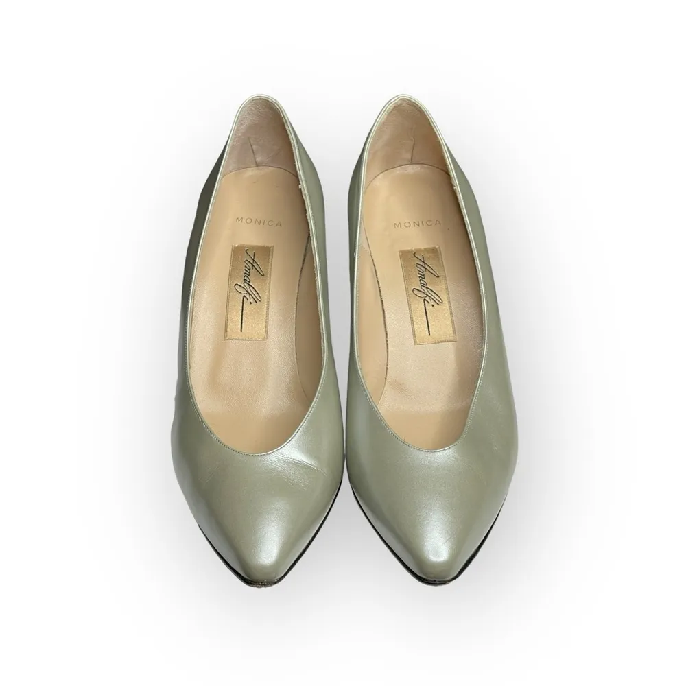 Vintage: Amalfi ❤︎︎ Monica Kitten Heel Pumps ❤︎︎ Pastel Mint Pearl Leather ❤︎︎ 7 Silver - Image 9