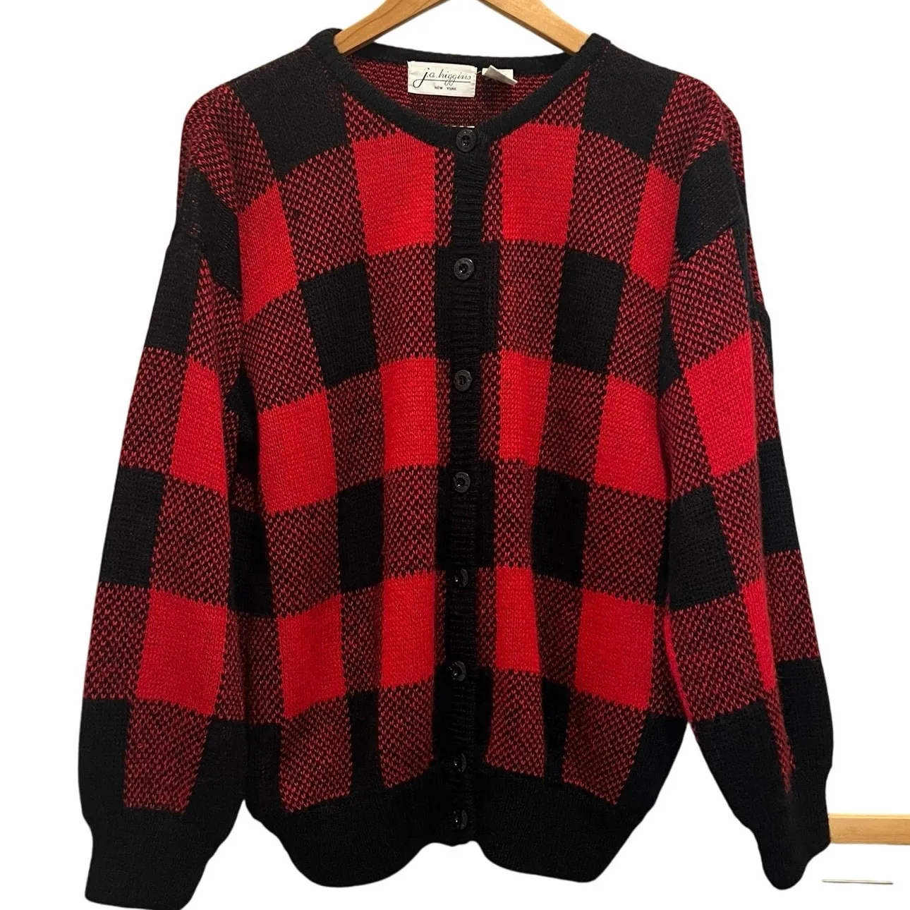 VTG HIGGINS Women's Large Red Black Buffalo Plaid Sweater Cardigan Retro - Image 1