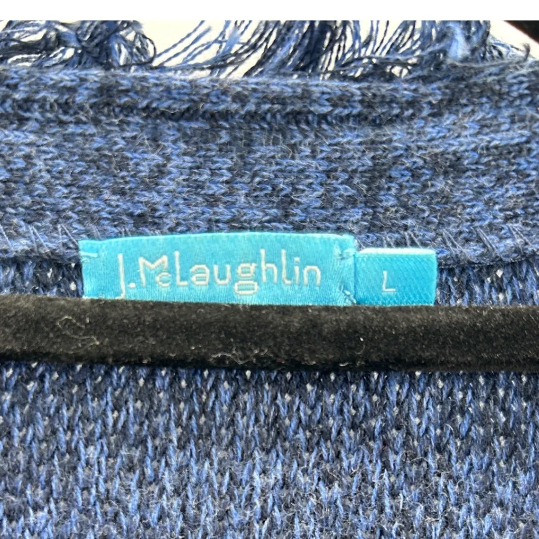 J.McLaughlin Blue Knit Fringe Tweed Long Cardigan Sweater Jacket Womens Sz Large - Image 3