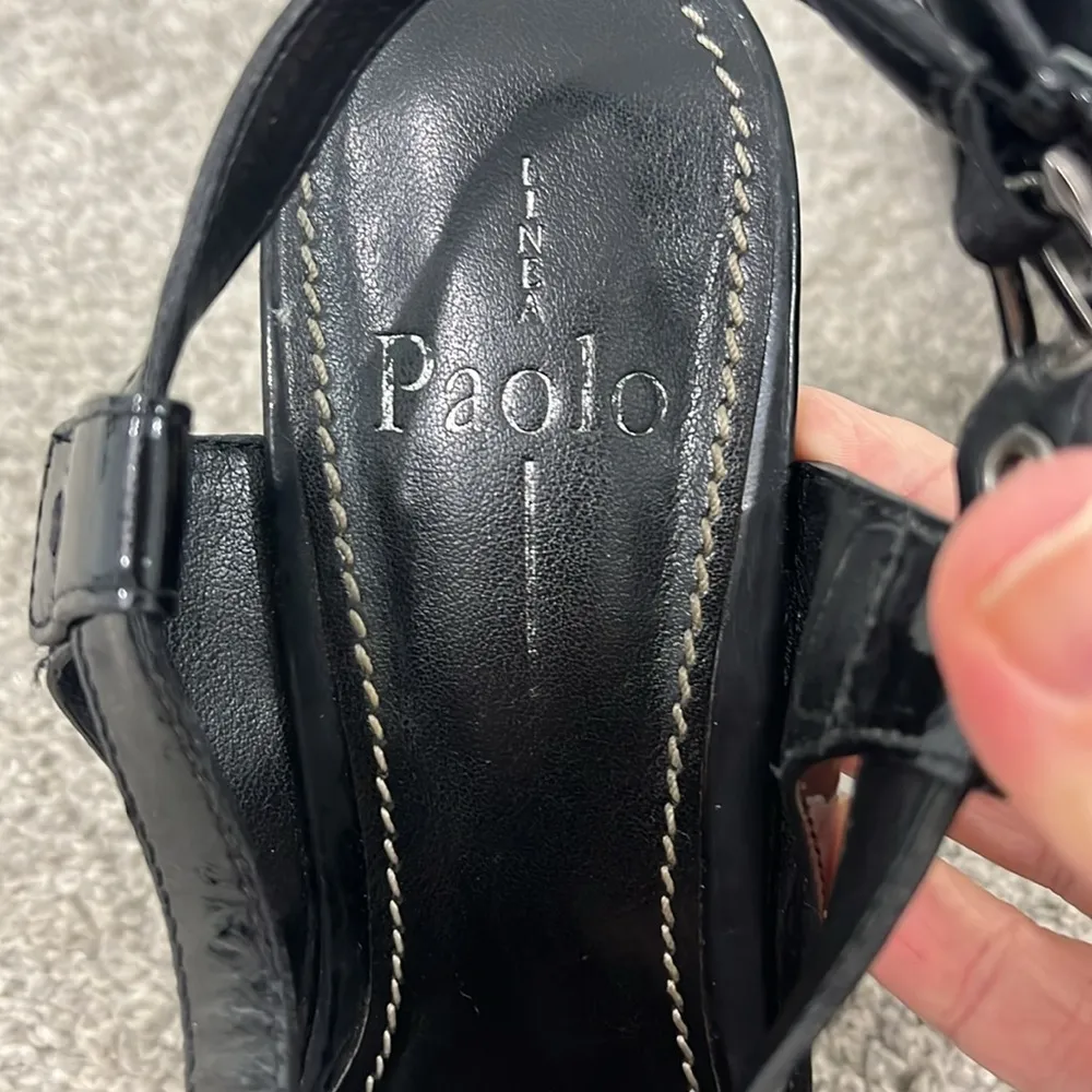 Linea Paolo Size 8 Black Patent Strappy Chunky Heel Open Toe Sandals - Image 9