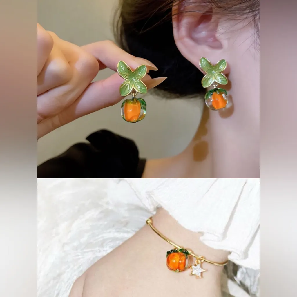 Cute Persimmon Earrings Women Retro‎ Orange Crystal Drop with bracelet set new - Image 2
