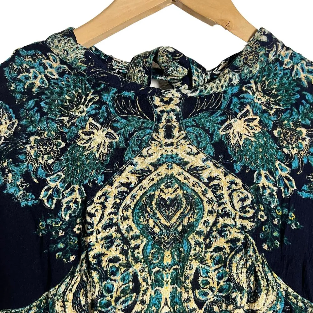 Free People Lady Luck Blue Floral Print Long Bell Sleeve Tunic Size Medium - Image 5