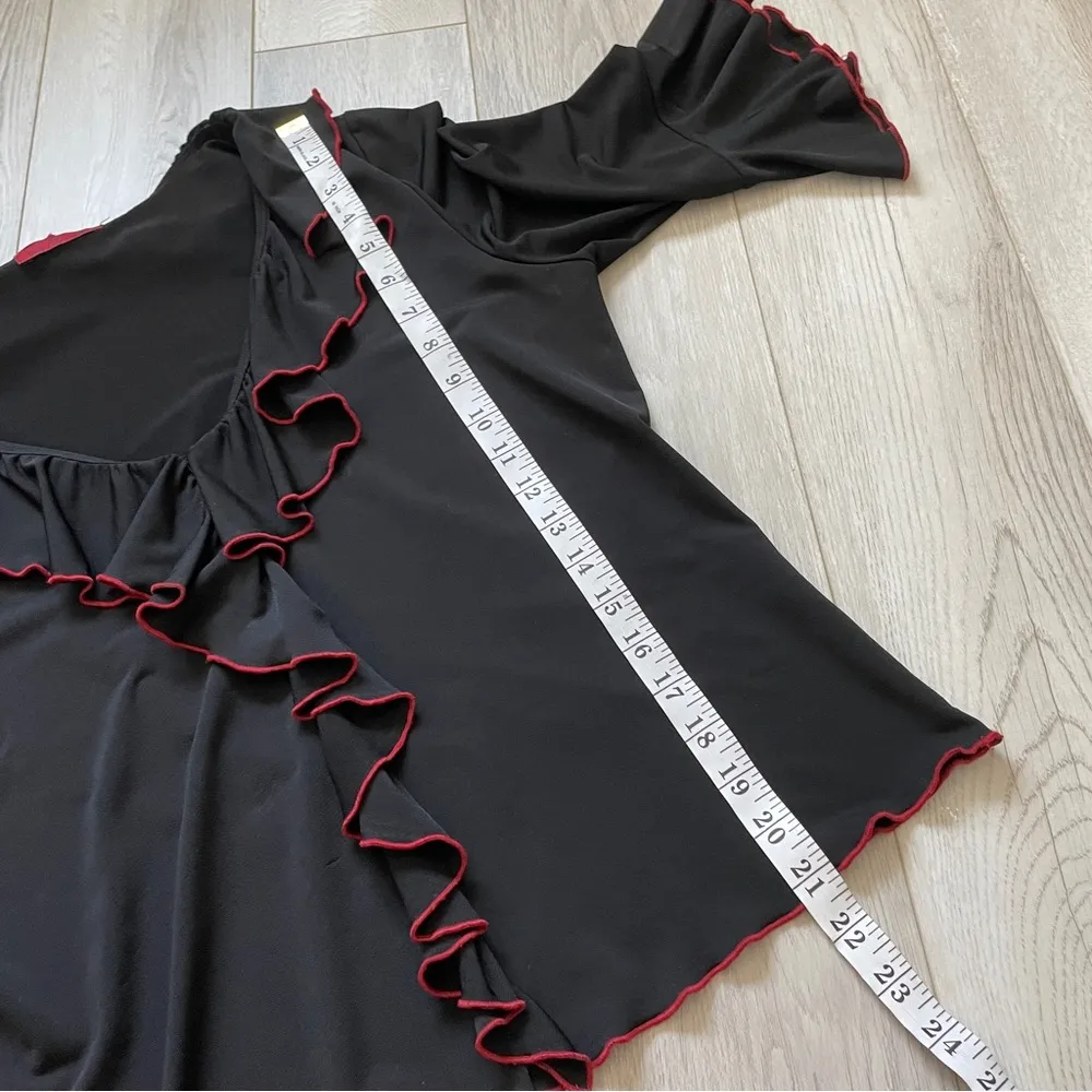 Vintage Y2K Nally & Millie Flare 3/4 Bell Sleeve Red Ruffle Trim V Neck Blouse Black Size L - Image 5