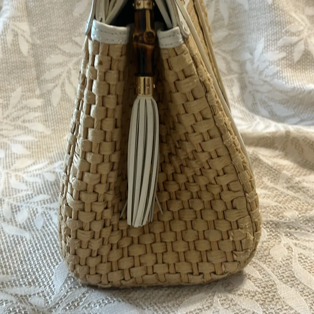 Spartina 449 Bamboo Moon Savannah‎ Satchel Woven White Leather Handbag - Image 6