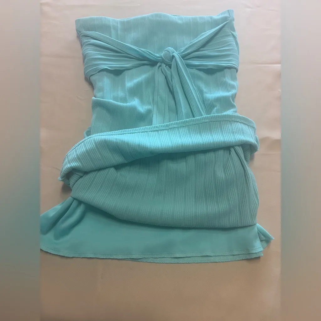Women Ribbed Long Skirt Aqua Teal Green Size XL Lined Tied Waist Accent Bodycon - Image 9