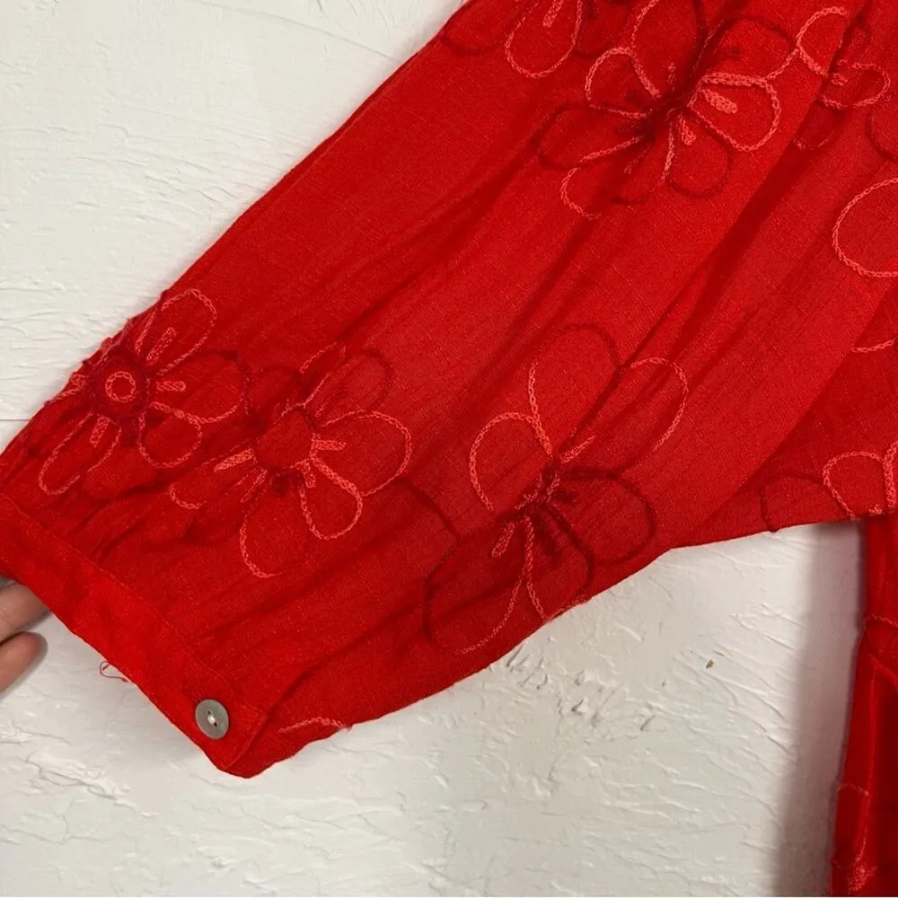 Figueroa & Flower Red Floral Embroidered Midi Dress Womens M Tiered Boho Casual Size M - Image 4
