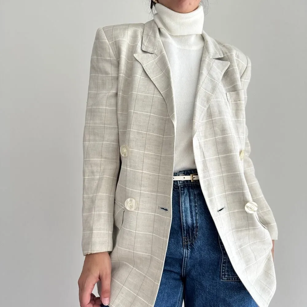 Vintage Linen Blend Jacket Women 6 Plaid Neutral Minimalist Old Money Equestrian - Image 2