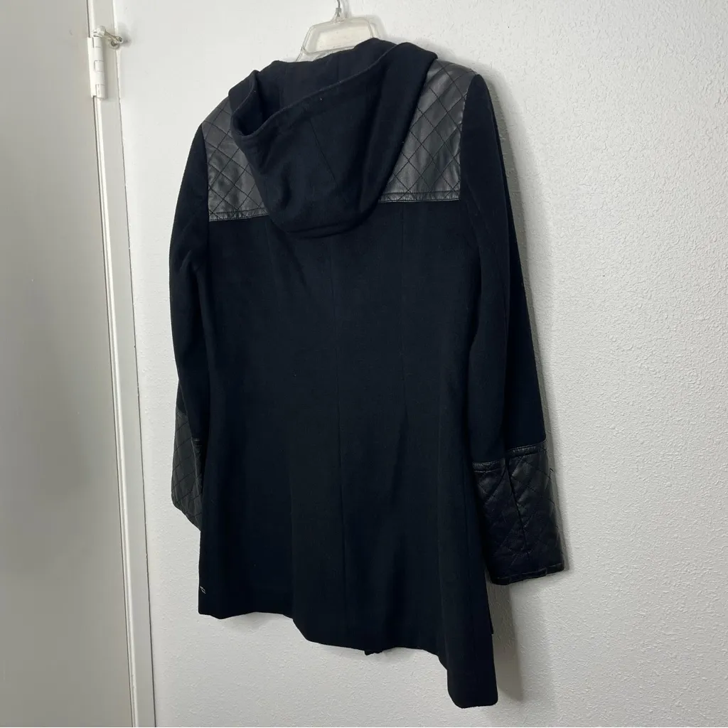 Calvin Klein Black Wool Blend Trench Coat with Leather Trim Accents size L - Image 8