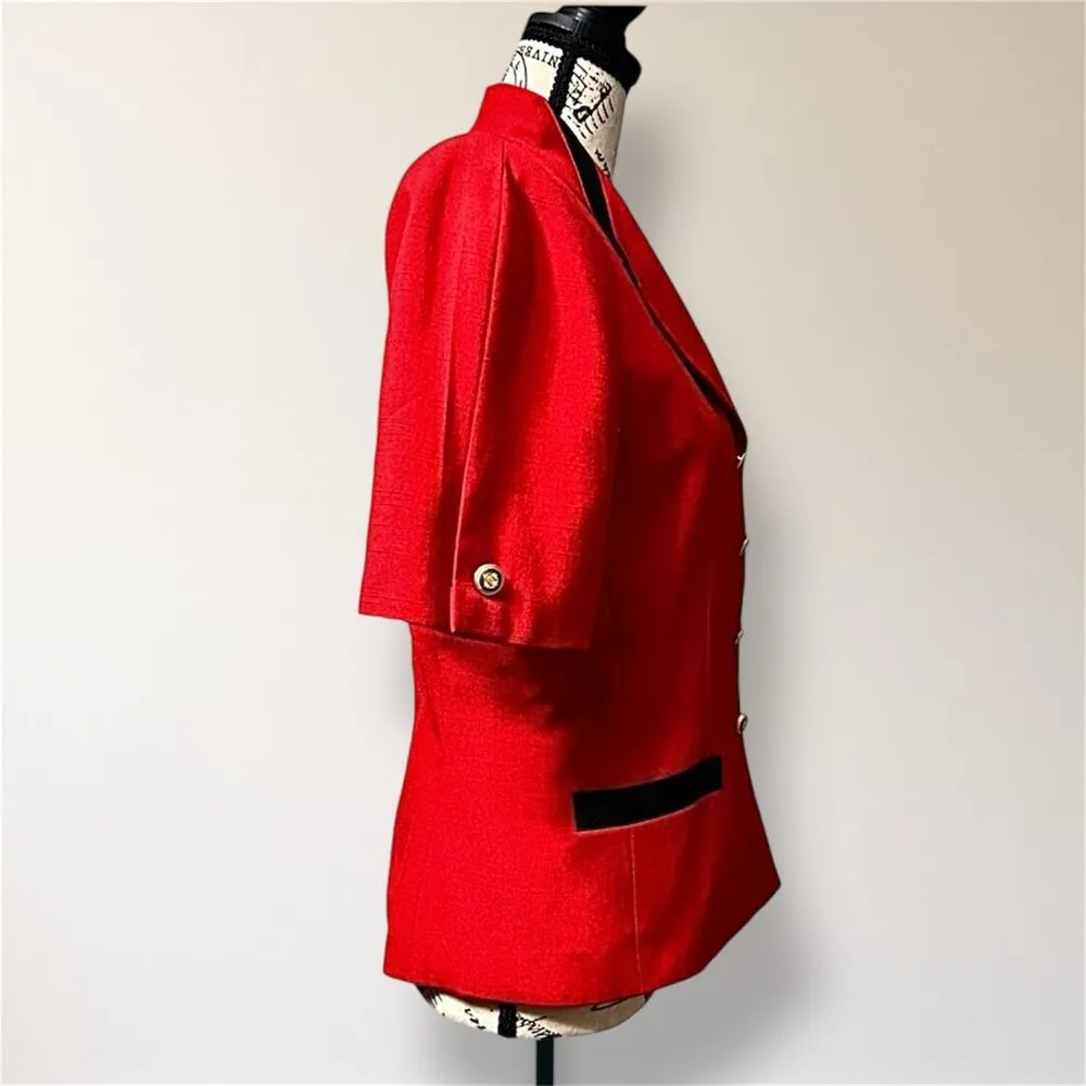 Vintage Kasper 6 Red Black Trim Cropped Blazer Jacket Gold Buttons 90s Office - Image 4