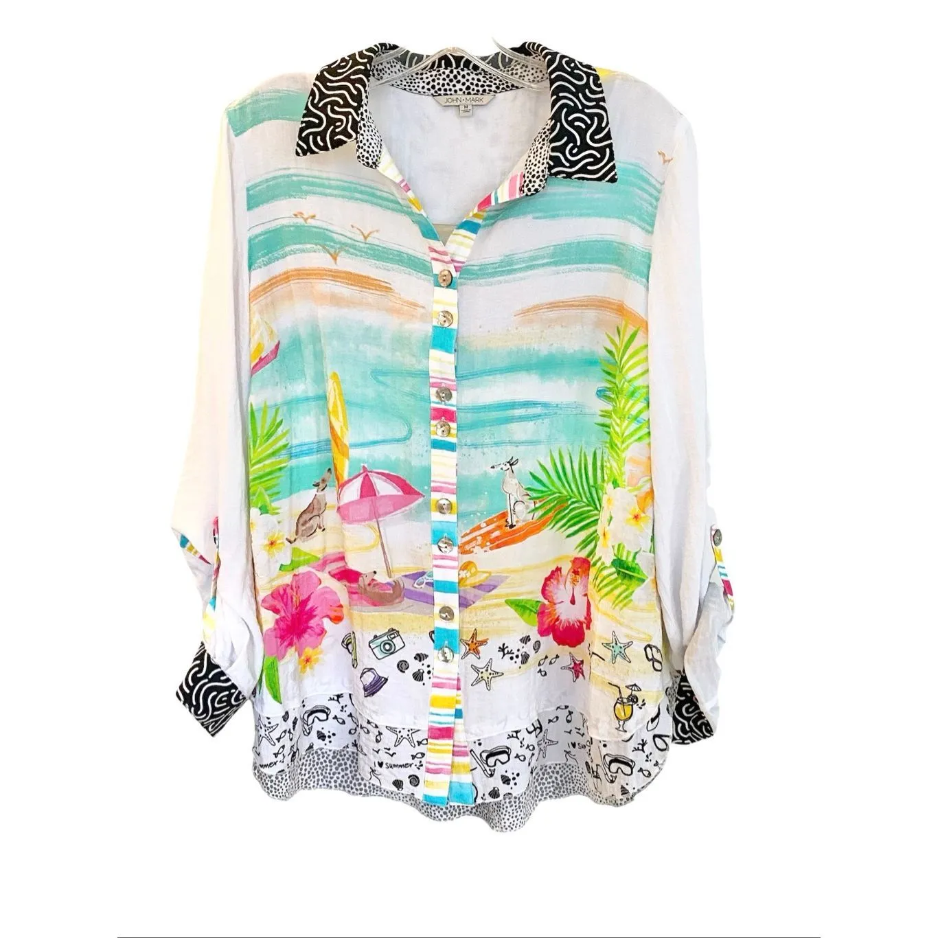 John Mark Novelty Mix Print Button Front Roll-Tab Sleeve Tunic Sz M - Image 3
