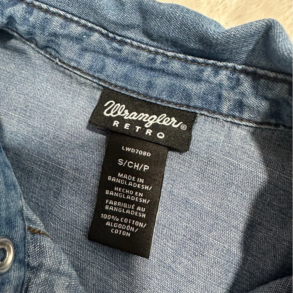 Wrangler Retro Size Small Women's Blue Roll Tab Sleeves Belted Denim Shirt Dress - Image 7