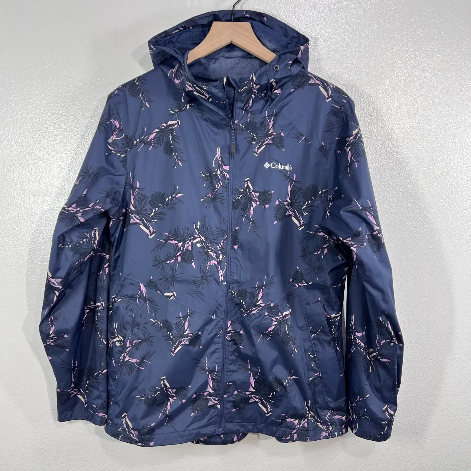 Columbia Women's Floral Print Rain Jacket Hooded Windbreaker Navy Blue Large‎ - Image 3