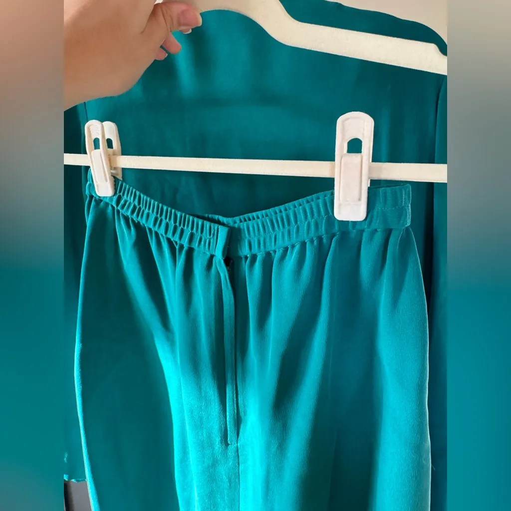 Vintage Talbots Teal Button-Down Shirt & Skirt Matching Set 100% Silk-8 - Image 10