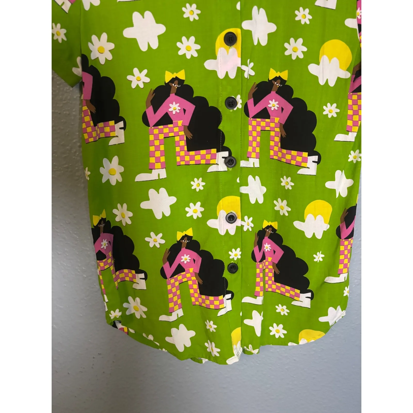 Nooworks Short Sleeve Button Up Shirt Checkered Ladies Lime Green Size XS - Image 5